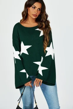 Wide Sleeve Oversize Dark Green Jumper With White Star