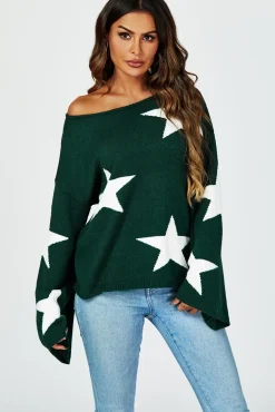 Wide Sleeve Oversize Dark Green Jumper With White Star