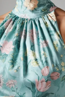 Winter Rose Printed Satin Halter Neck Maxi Bridesmaids Dress