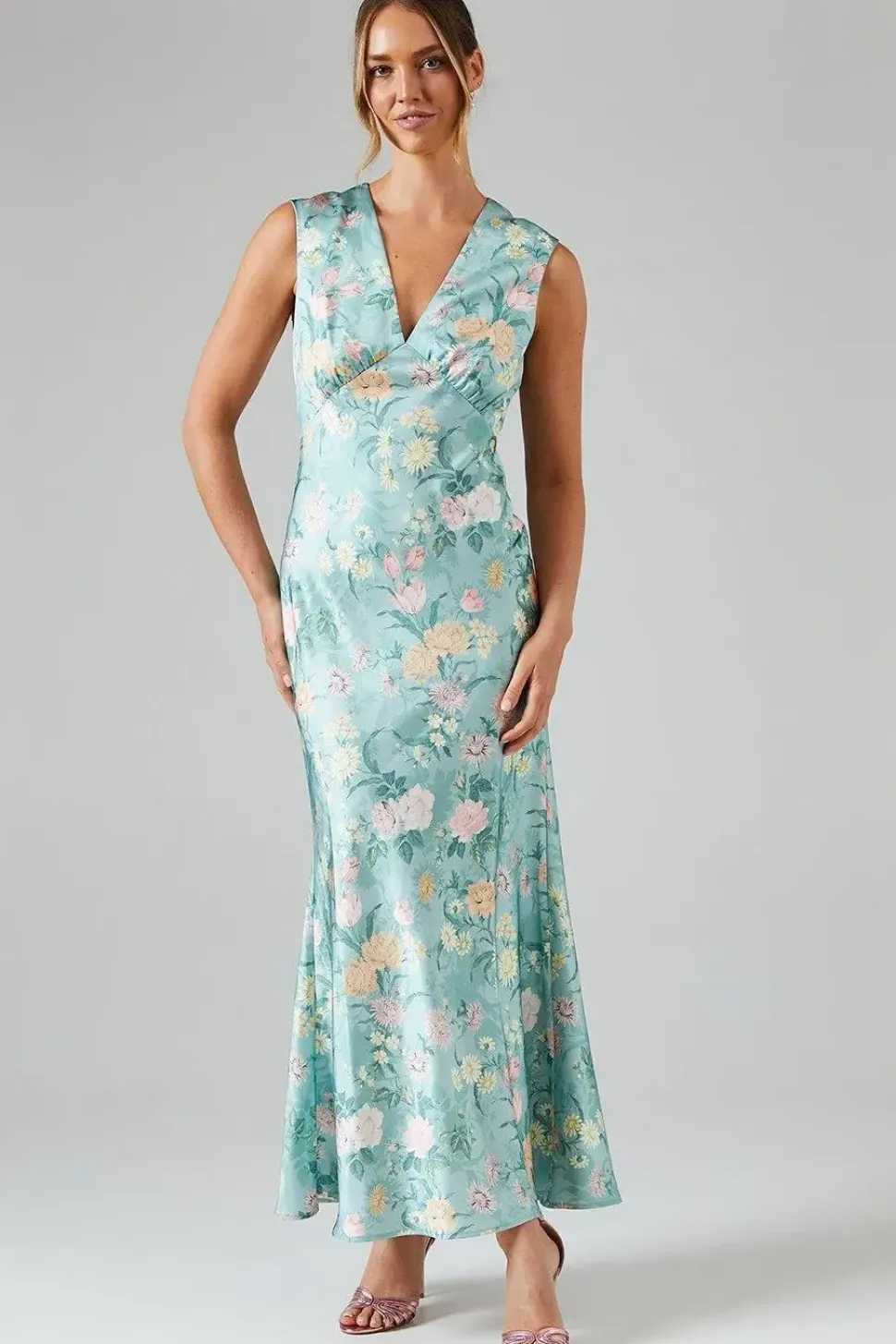 Winter Rose Printed Satin V Neck Maxi Bridesmaids Dress