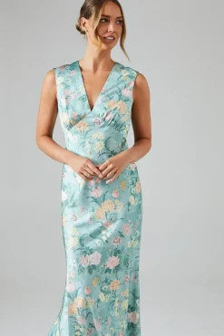 Winter Rose Printed Satin V Neck Maxi Bridesmaids Dress