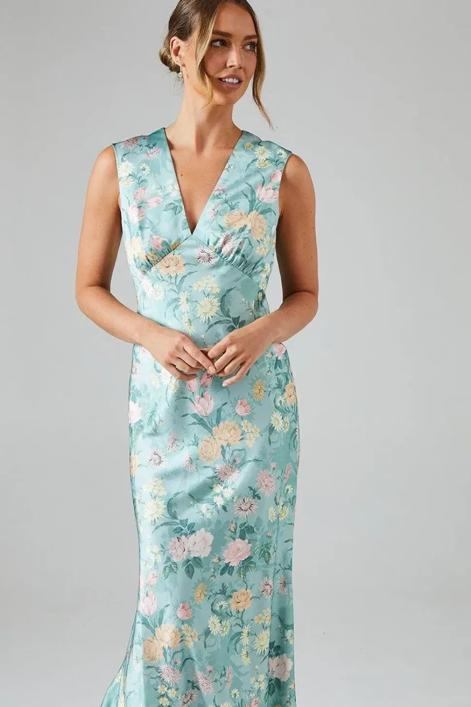 Winter Rose Printed Satin V Neck Maxi Bridesmaids Dress