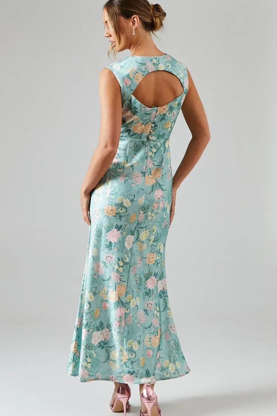 Winter Rose Printed Satin V Neck Maxi Bridesmaids Dress