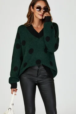 Wool Blended V Neck Jumper In Green & Black Polka Dot