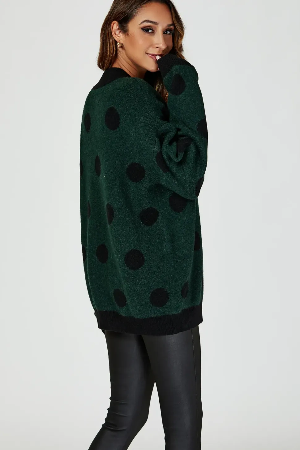 Wool Blended V Neck Jumper In Green & Black Polka Dot