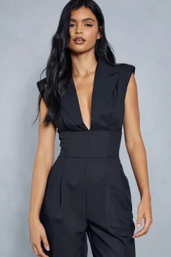 Woven Sleeveless Wide Leg Corset Waist Jumpsuit