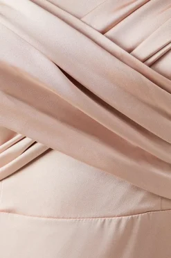 Wrap Bodice Draped Sleeve Satin Maxi Bridesmaid Dress