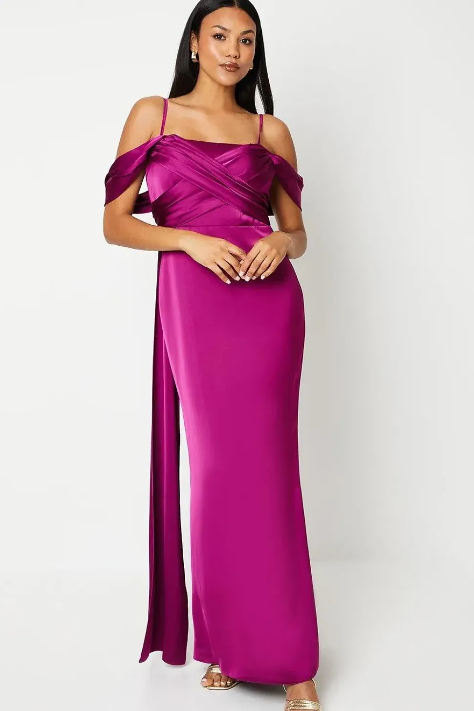Wrap Bodice Draped Sleeve Satin Maxi Dress