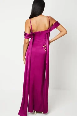Wrap Bodice Draped Sleeve Satin Maxi Dress