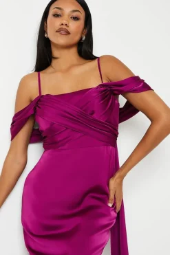 Wrap Bodice Draped Sleeve Satin Maxi Dress