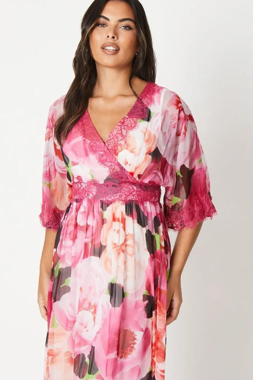 Wrap Bodice Printed Lace Trim Midi Dress