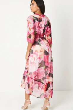 Wrap Bodice Printed Lace Trim Midi Dress