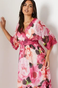 Wrap Bodice Printed Lace Trim Midi Dress