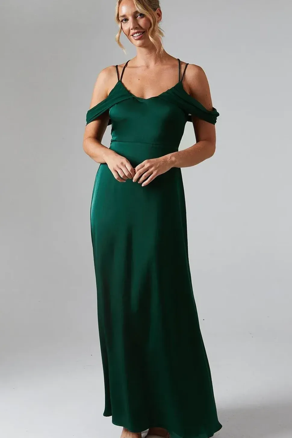 Wrap Cold Shoulder Strappy Satin Bridesmaid Dress