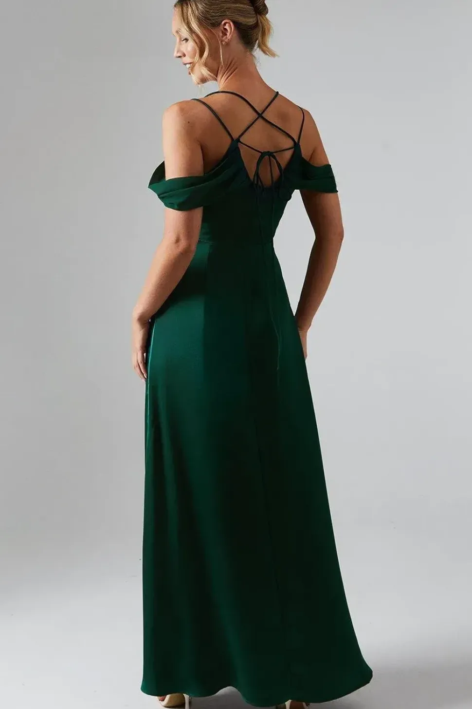 Wrap Cold Shoulder Strappy Satin Bridesmaid Dress