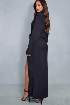 Wrap Collared Split Leg Shirt Style Maxi Dress
