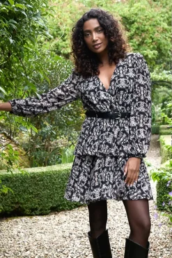 Wrap Front Belted Double Frill Dress