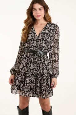 Wrap Front Belted Double Frill Dress