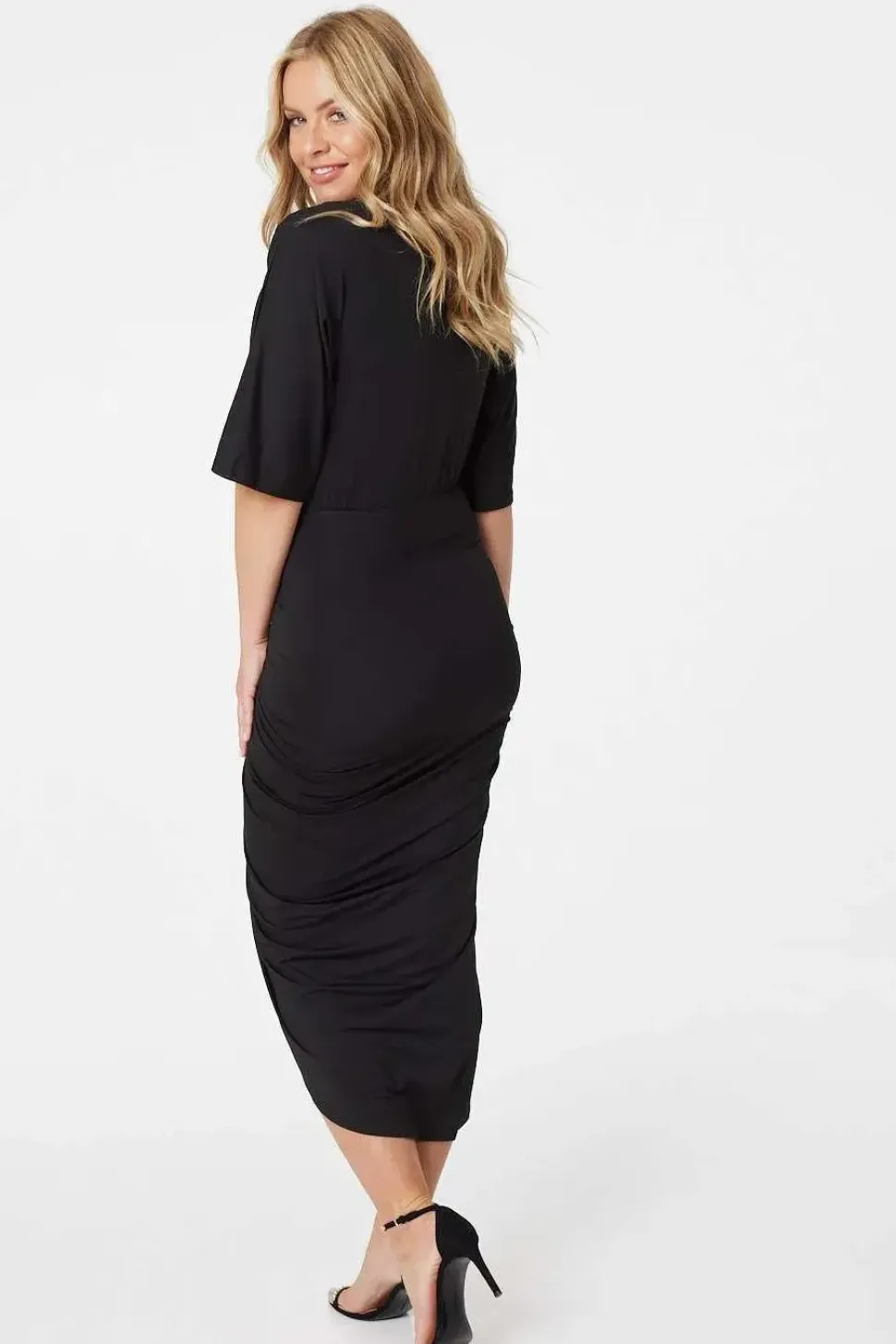 Wrap Front Draped Midi Dress