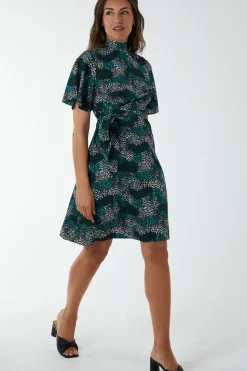 Wrap Front High Neck Dress With Angel Sleeves