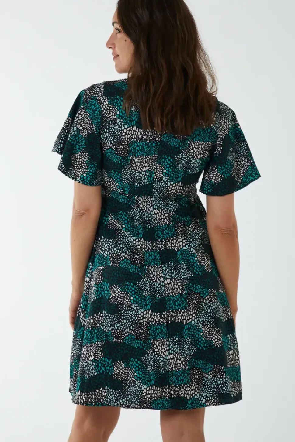 Wrap Front High Neck Dress With Angel Sleeves
