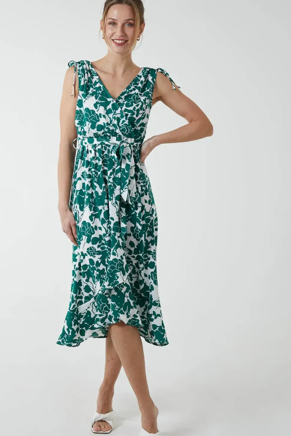 Wrap Front Midi Dress With Ruffle Hem