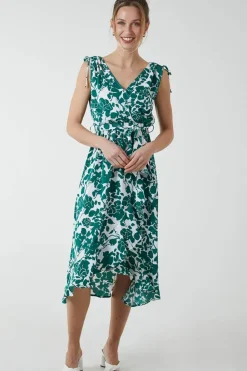 Wrap Front Midi Dress With Ruffle Hem