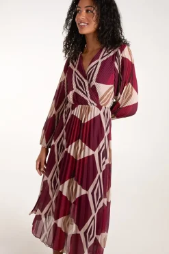 Wrap Front Pleated Geometric Maxi Dress