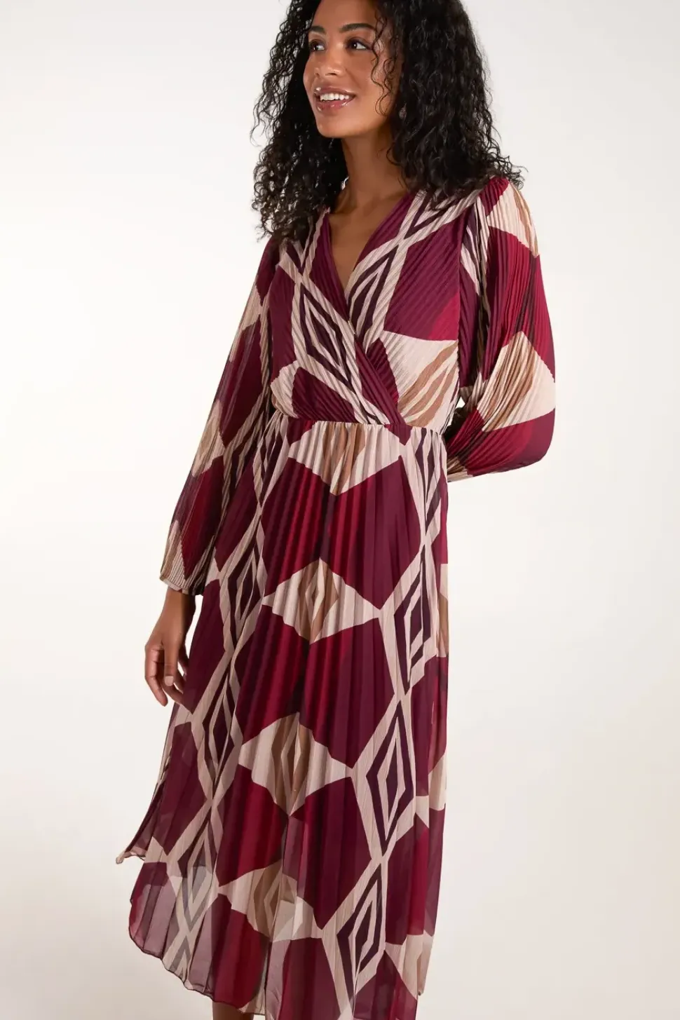 Wrap Front Pleated Geometric Maxi Dress