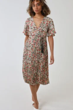 Wrap Front Pleated Hem Dress With Angel Sleeves