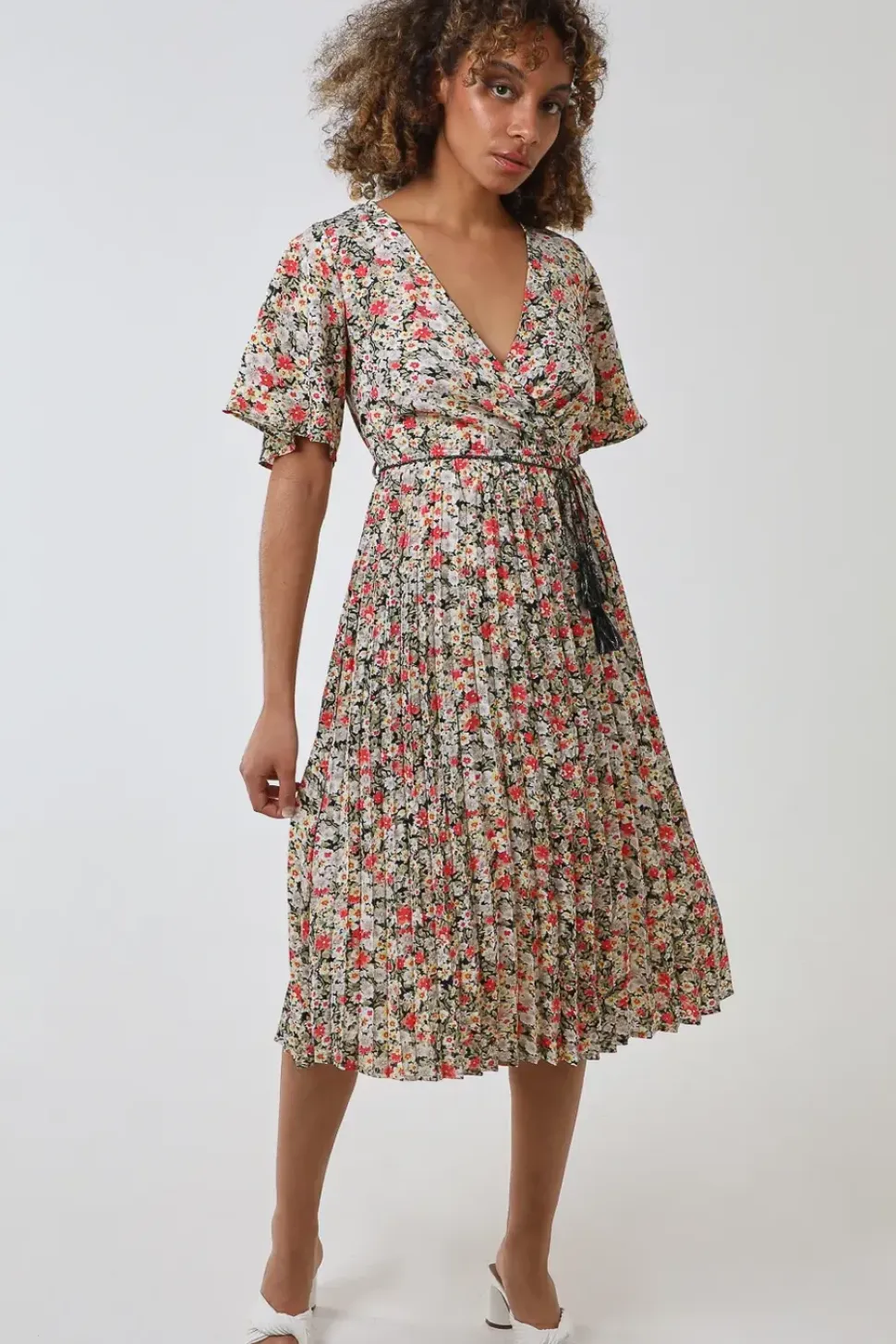 Wrap Front Pleated Hem Dress With Angel Sleeves