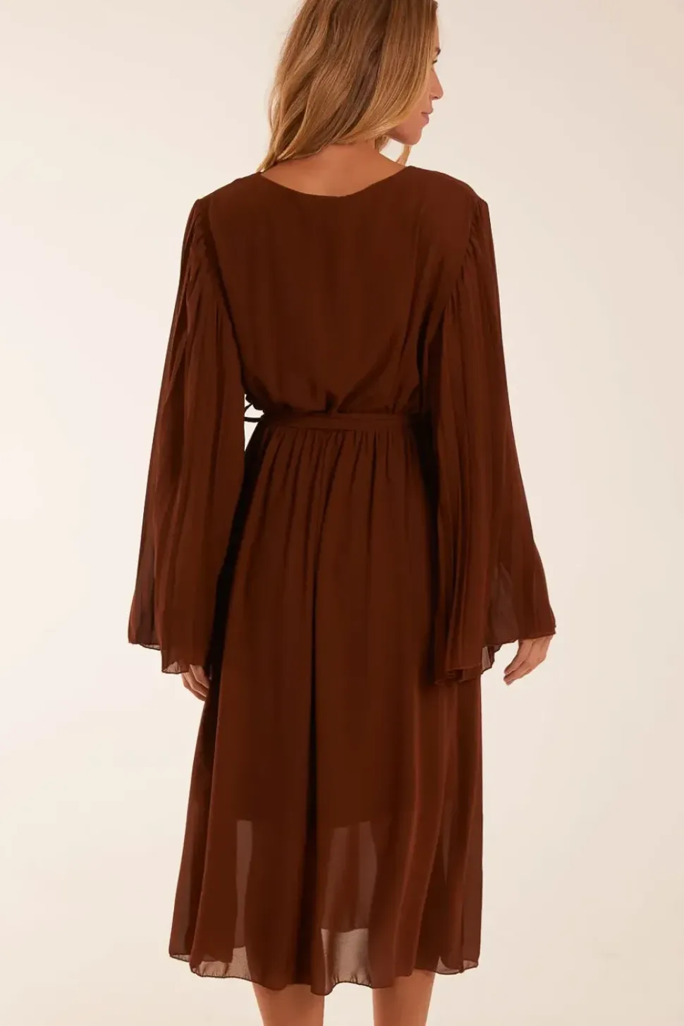 Wrap Front Pleated Sleeve Midi Dress