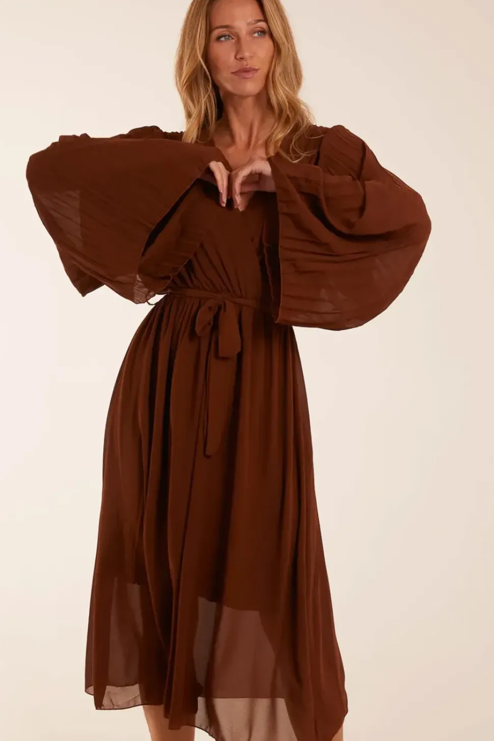Wrap Front Pleated Sleeve Midi Dress