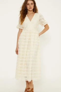 Wrap Front Puff Sleeve Lace Midi Dress