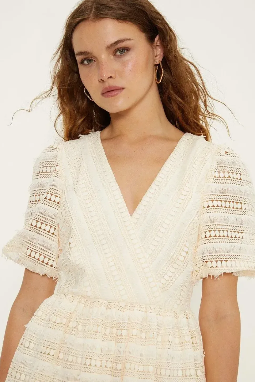Wrap Front Puff Sleeve Lace Midi Dress