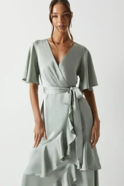 Wrap Front Waterfall Satin Fishtail Maxi Dress