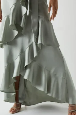 Wrap Front Waterfall Satin Fishtail Maxi Dress