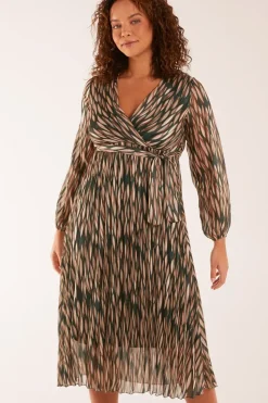 Wrap Over Metallic Vertical Print Dress