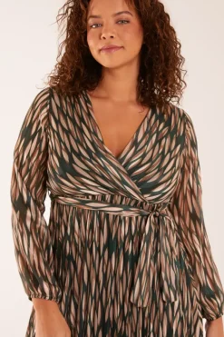 Wrap Over Metallic Vertical Print Dress