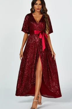Wrap Style Sequin Maxi Dress In Wine