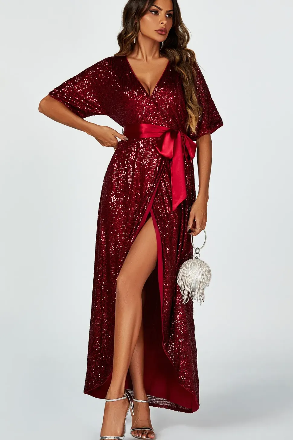 Wrap Style Sequin Maxi Dress In Wine