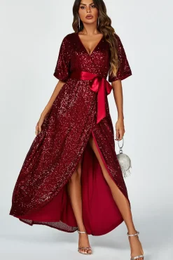 Wrap Style Sequin Maxi Dress In Wine
