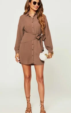 Wrap Style Tie Front Mini Shirt Dress In Taupe Brown