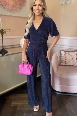 Wrap Top Short Sleeve Plisse Jumpsuit