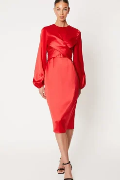 Wrap Waist Blouson Sleeve Midi Dress