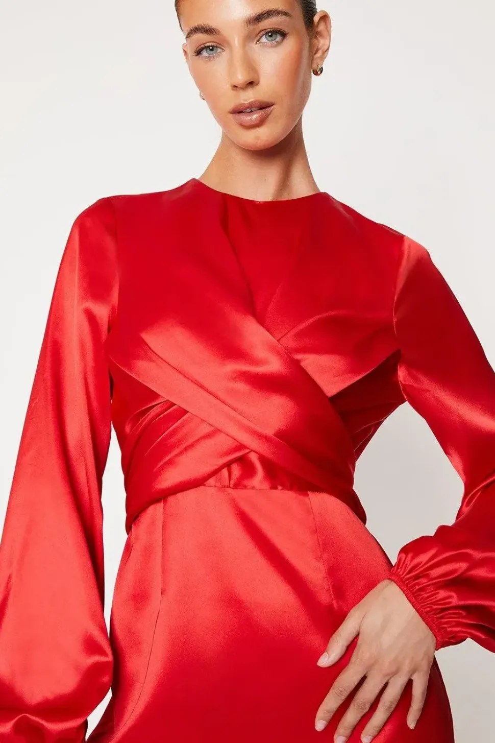 Wrap Waist Blouson Sleeve Midi Dress