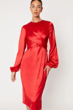 Wrap Waist Blouson Sleeve Midi Dress