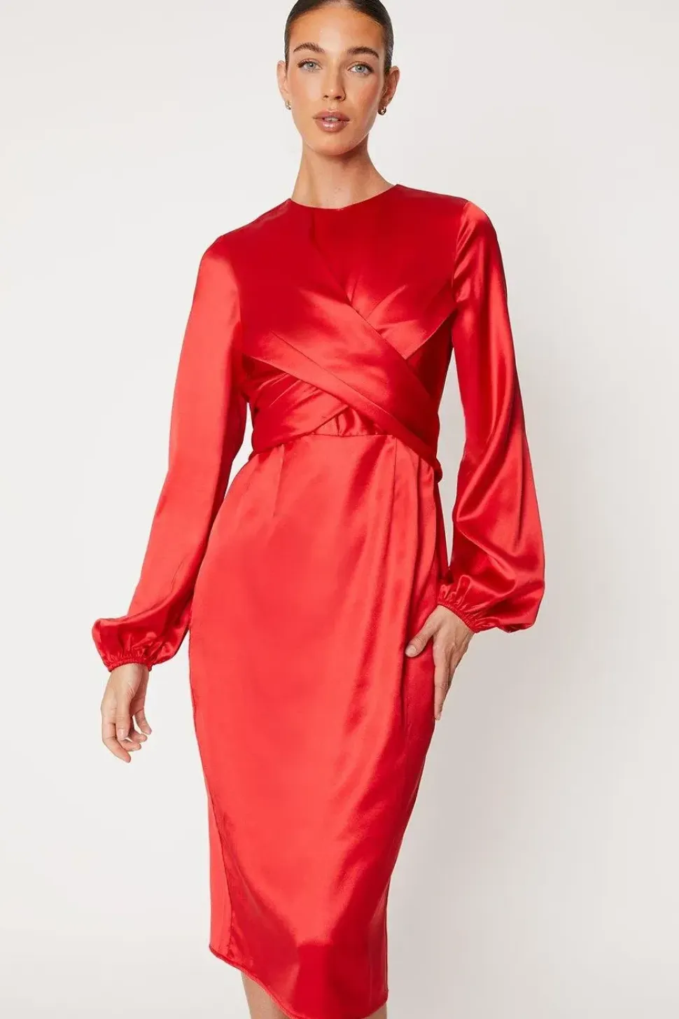 Wrap Waist Blouson Sleeve Midi Dress
