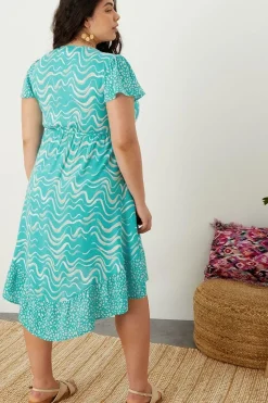Wrap Wave Print Midi Dress