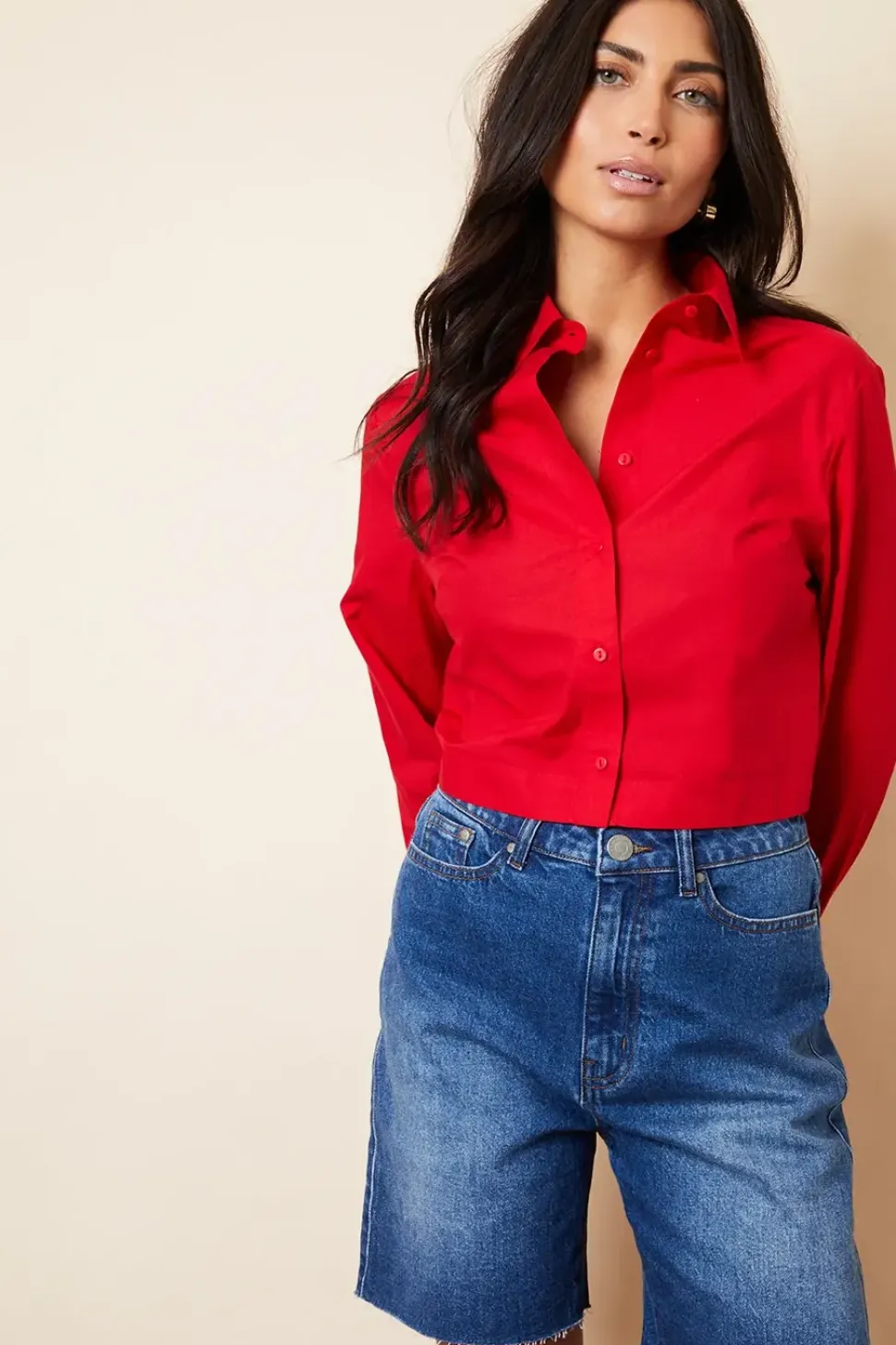 'Aero' Cropped Elasticated Hem Boxy Long Sleeve Shirt
